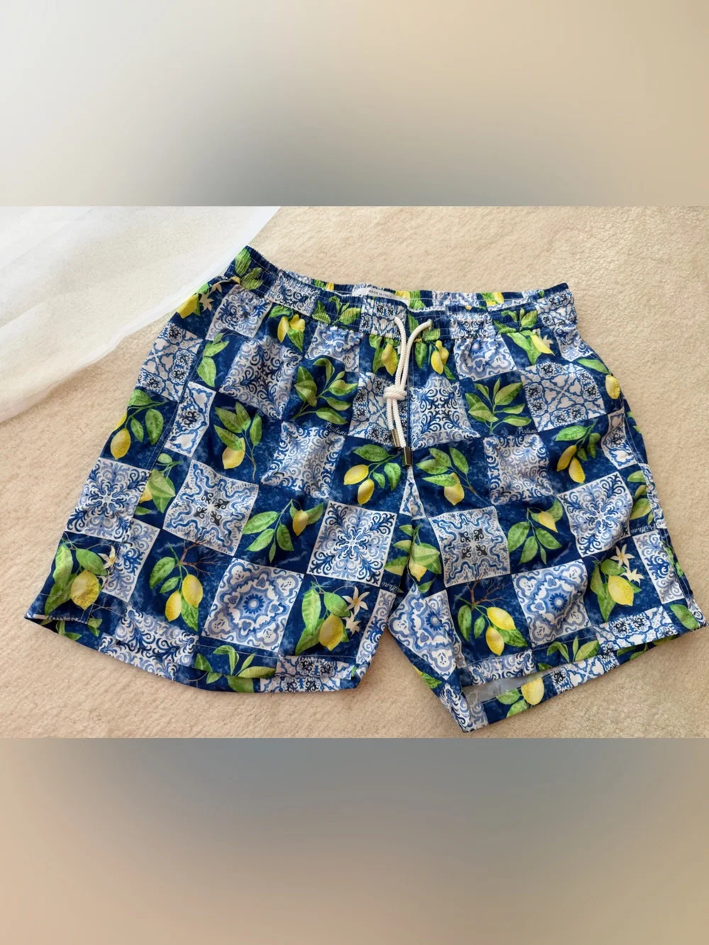 Umberto Carro Positano Blue Lemon Tile Print Swim Trunks